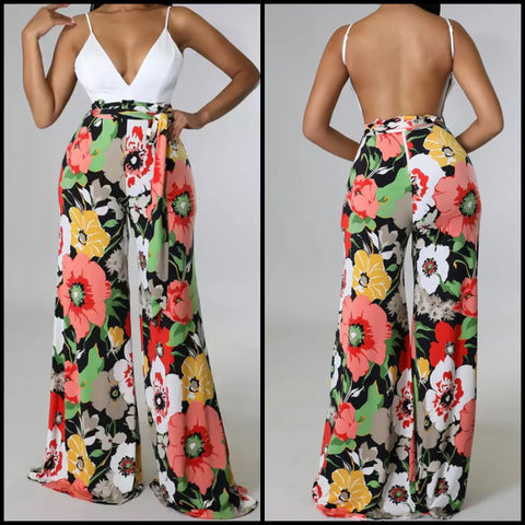 Women Sexy Spaghetti Strap Backless Floral Wide Leg Jumpsuit