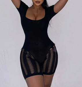 Women Solid Color Short Sleeve Hollow Out Sexy Romper