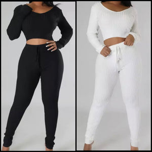 Women Solid Color Ribbed Full Sleeve Crop Two Piece Pant Set