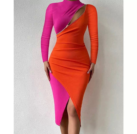 Women Sexy Full Sleeve Color Patchwork Zipper Dress