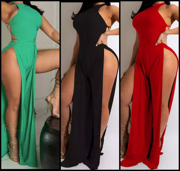 Women Sexy Backless High Side Split Jumpsuit