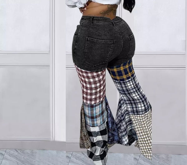 Women Fashion Denim Plaid Patchwork Wide Leg Pant