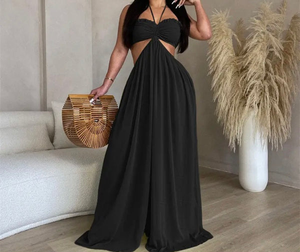 Women Sexy Sleeveless Halter Cut Out Wide Leg Jumpsuit