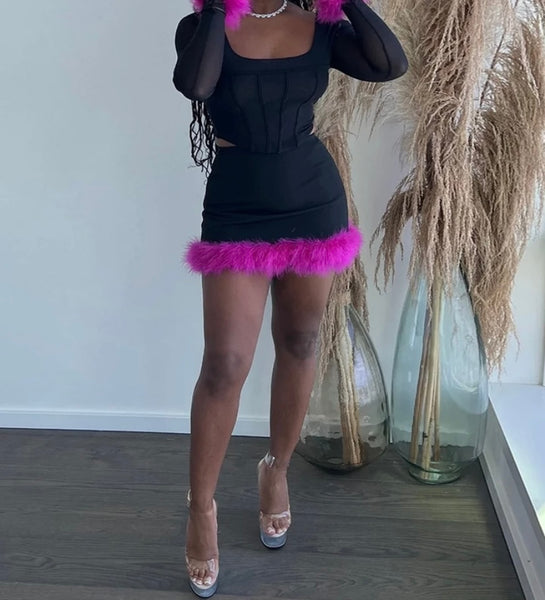 Women Fashion Full Sleeve Feather Two Piece Skirt Set