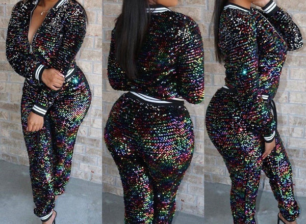 Women Fashion Sequins Tracksuit Two Piece Pant Set