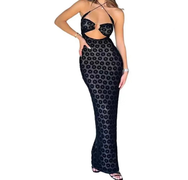Women Sexy Sleeveless Cut Out Mesh Floral Maxi Dress