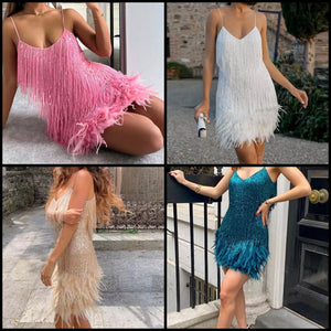 Women Sleeveless Sequins Tassel Sexy Feather Dress