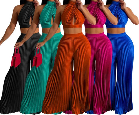 Women Sexy Sleeveless Halter Crop Two Piece Wide Leg Pant Set