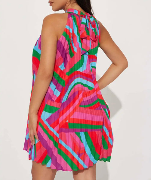 Women Sleeveless Multicolored Pleated Sexy Dress
