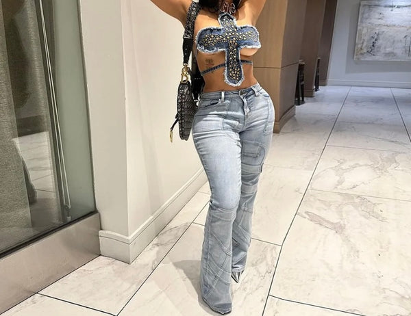 Women Sexy Sleeveless Halter Denim Crop Top