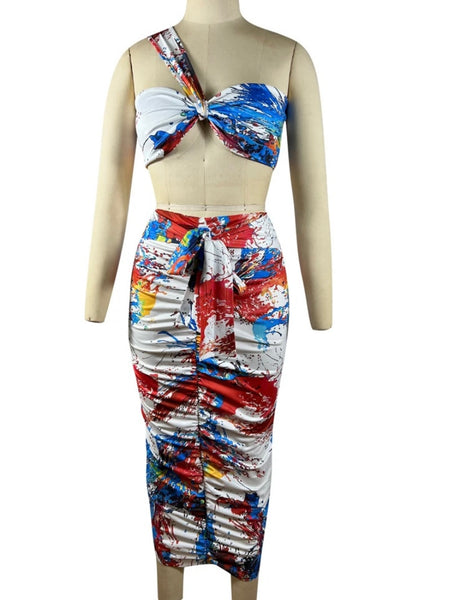 Women Sleeveless Sexy Colorful Two Piece Maxi Skirt Set