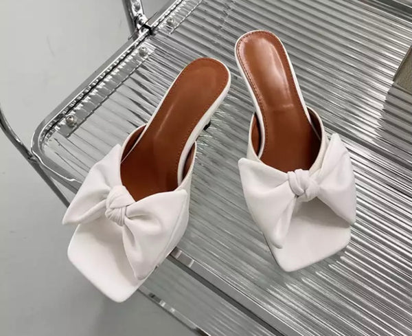 Women Color Fashion Bow Small Heel Slide On Sandals