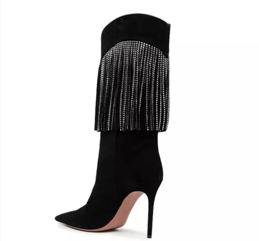 Women Pointed Toe Bling Tassel High Heel Boots