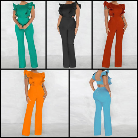 Women Fashion Ruffled Open Back Jumpsuit