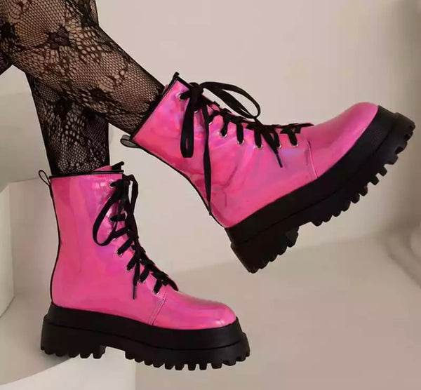 Women Fashion Lace Up PU Platform Ankle Boots