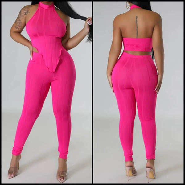 Women Halter Ribbed Sexy Sleeveless Two Piece Pant Set