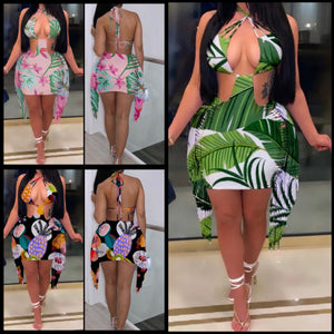 Women Sexy Multicolored Printed Tassel Backless Dress