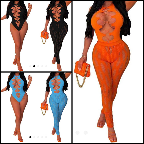 Women Sexy Sleeveless Hollow Out Lace Up Two Piece Pant Set