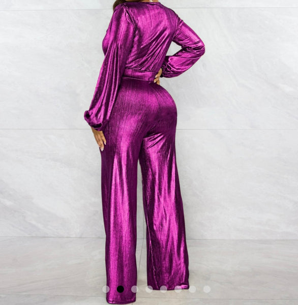 Women Sexy Metallic Full Sleeve V-Neck Jumpsuit