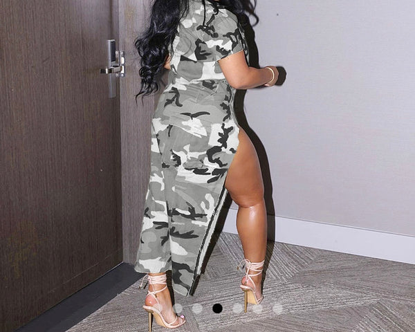 Women Sexy Camouflage Short Sleeve Two Piece Side Slit Skirt Set