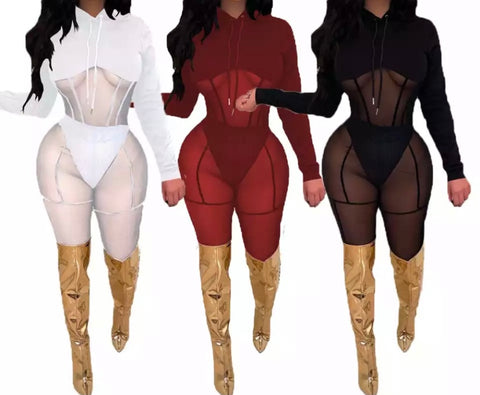 Women Sexy Mesh Patchwork Hooded Long Sleeve Two Piece Pant Set