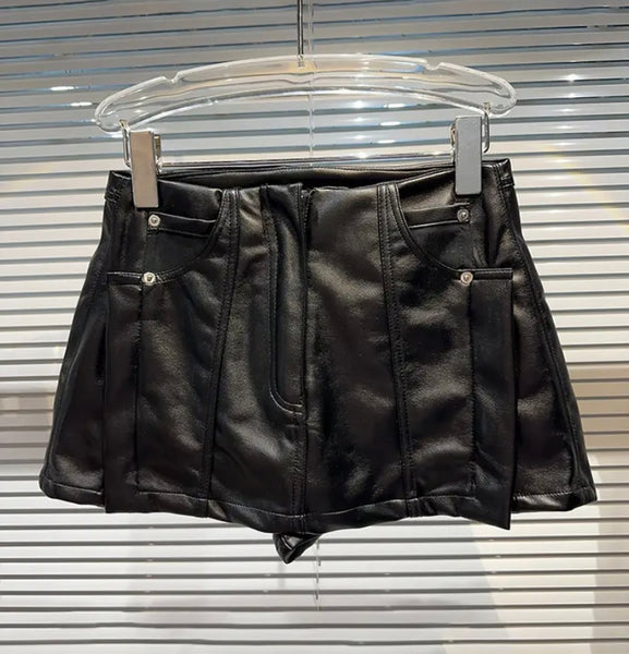 Women Faux Leather Fashion Black Wrap Shorts