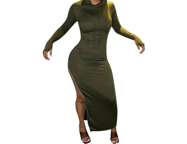 Women Fashion Hooded Side Zipper Full Sleeve Maxi Dress