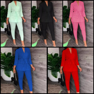 Women Two Piece Solid Color Fashion Blazer Pant Set