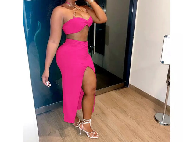 Women Sexy Chain Halter Crop Two Piece Skirt Set