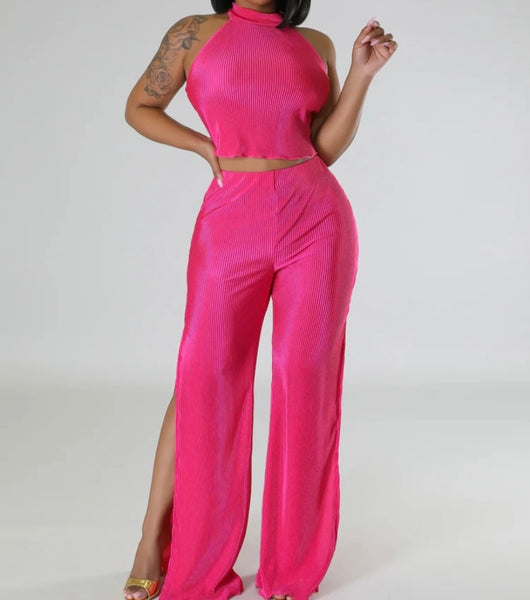 Women Sexy Sleeveless Tie Up Back Two Piece Side Slit Pant Set