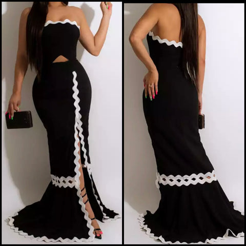 Women Sexy Black/White Strapless Maxi Dress