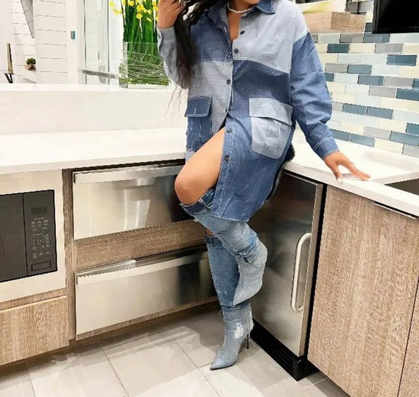 Women Fashion Full Sleeve Denim Patchwork Button Up Shirt Dress