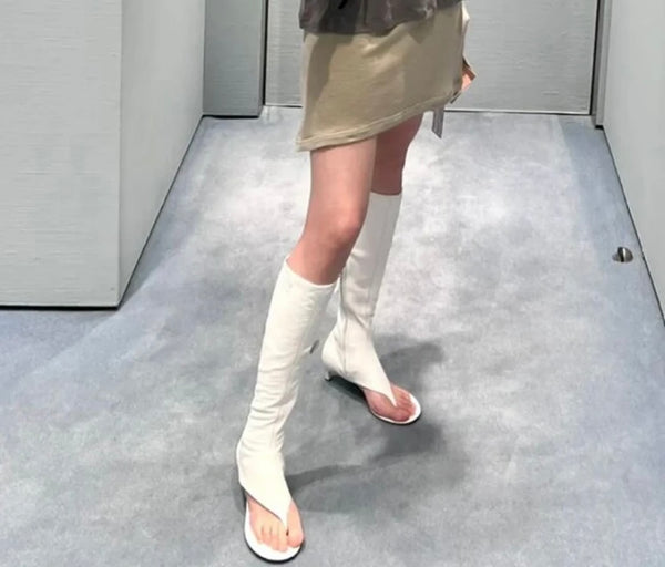 Women Fashion Faux Leather Open Toe Knee High Boots