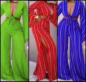 Women Striped Fashion Full Sleeve Two Piece Side Split Pant Set