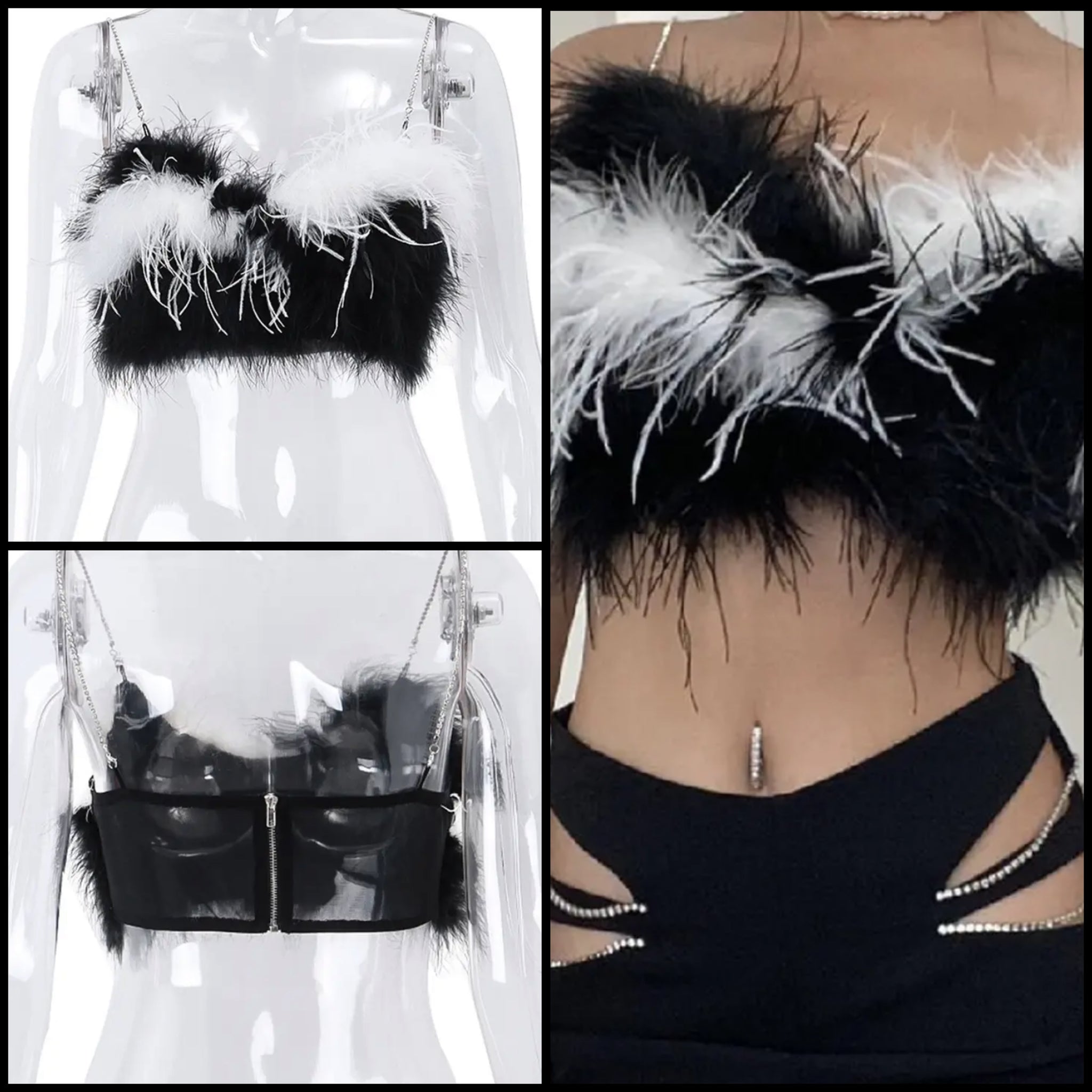 Women Sexy Sleeveless B&W Faux Fur Crop Top