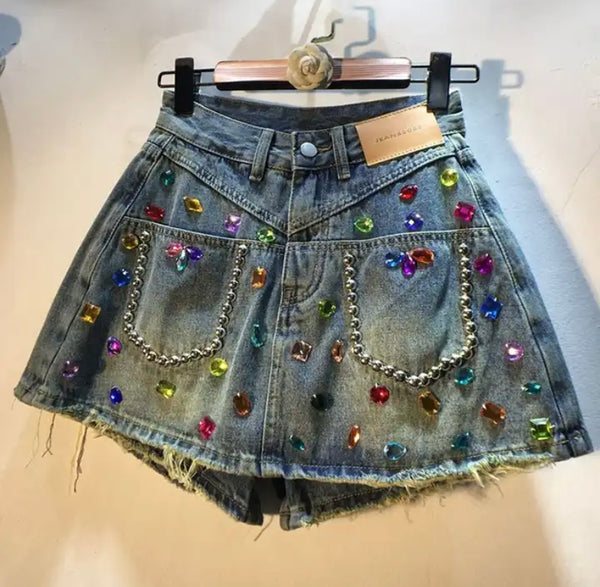 Women Crystal Fashion Denim Wrap Shorts