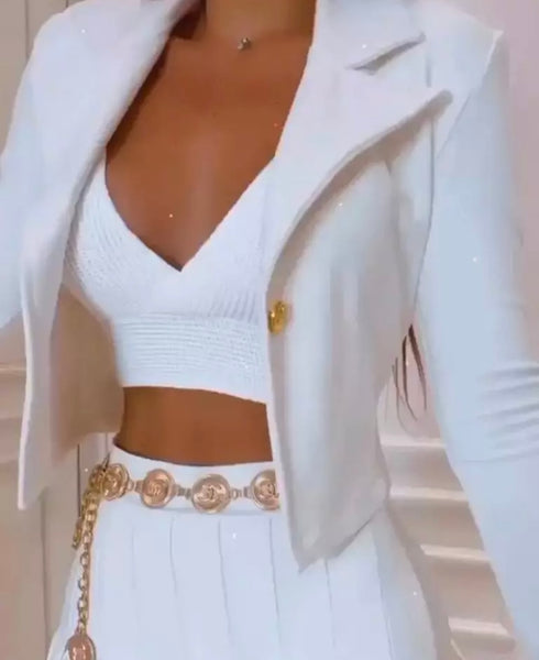 Women Two Piece Blazer Pleated Skirt Set