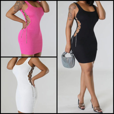 Women Sexy Sparkle Side Lace Up Sleeveless Dress