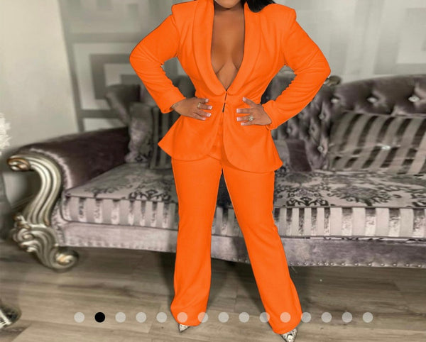 Women Sexy Solid Color Blazer Two Piece Pant Set