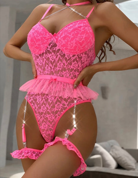 Women Sexy Chain Pink Lace Ruffled Bodysuit Lingerie Set