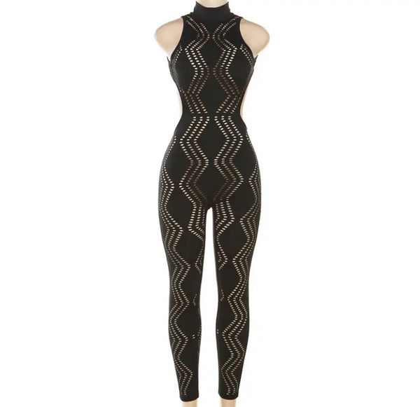 Women Sleeveless Open Back See Through Jumpsuit