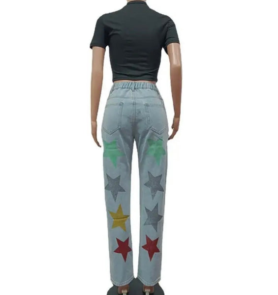 Women Colorful Star Print Fashion Denim Pants