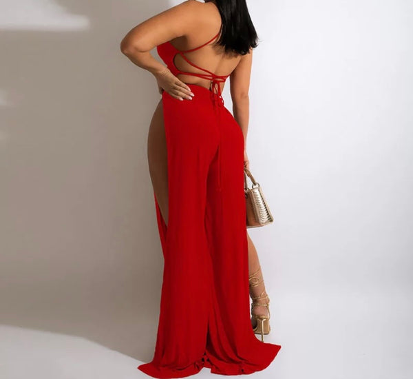 Women Sexy Backless High Side Split Jumpsuit