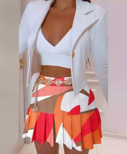 Women Two Piece Blazer Pleated Skirt Set