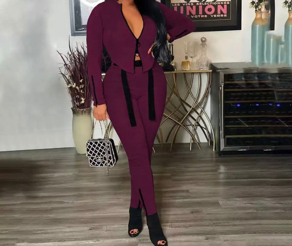 Women Zipper Fashion Full Sleeve Two Piece Pant Set