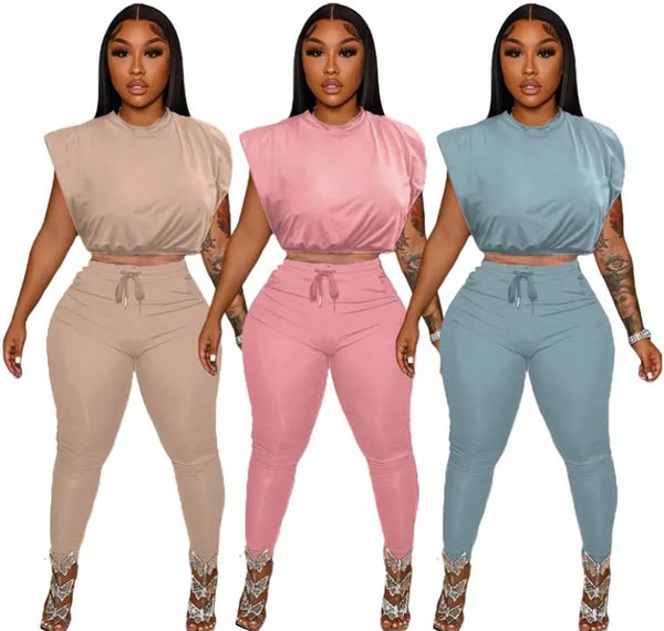 Women Solid Color Sleeveless Two Piece Pant Set