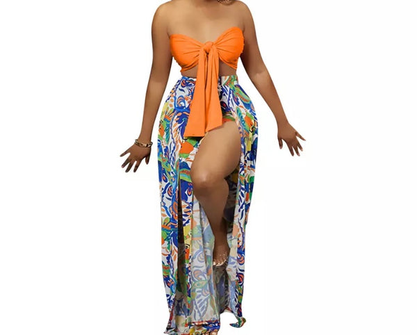 Women Sexy Strapless Tie Up Crop Two Piece High Split Pant Set