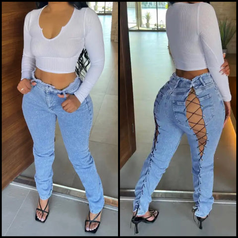 Women Sexy Back Lace Up Fashion Denim Pants