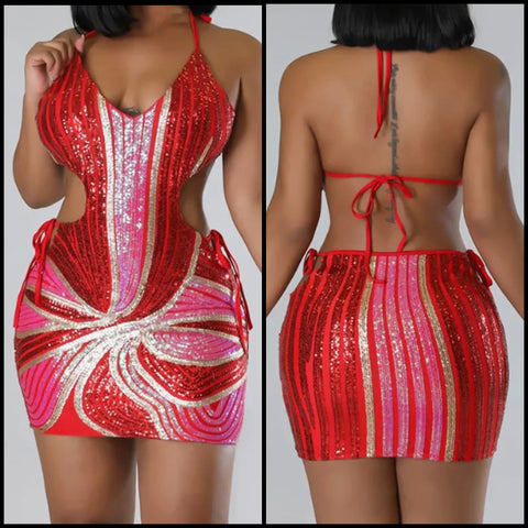 Women Sexy Sleeveless Sequins Color Patchwork Backless Dress