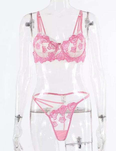 Women Sexy Pink Rose Lingerie Set